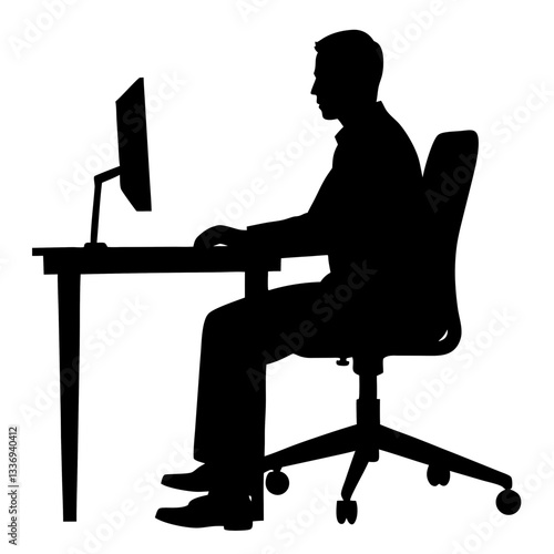 vector silhouette illustration of a businessman sitting on an office chair at a table, working on a computer 