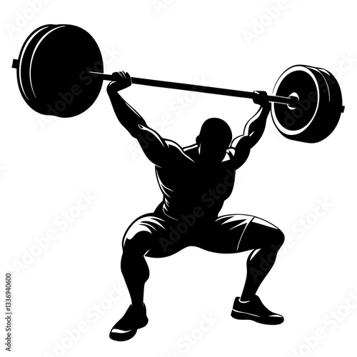vector silhouette ink drawing of a weightlifter lifting a big barbell.  