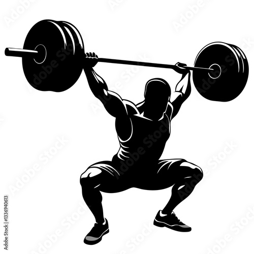 vector silhouette ink drawing of a weightlifter lifting a big barbell.  