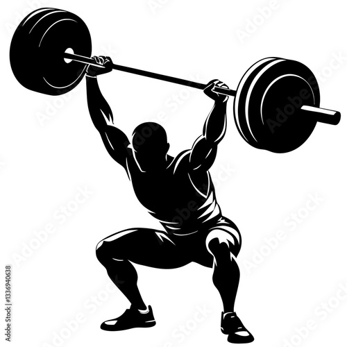 vector silhouette ink drawing of a weightlifter lifting a big barbell.  