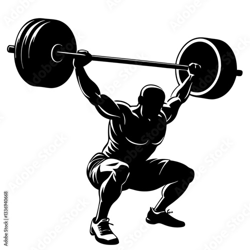 vector silhouette ink drawing of a weightlifter lifting a big barbell.  