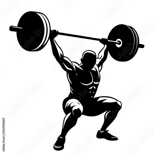 vector silhouette ink drawing of a weightlifter lifting a big barbell.  