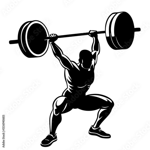 vector silhouette ink drawing of a weightlifter lifting a big barbell.  