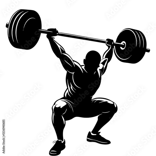 vector silhouette ink drawing of a weightlifter lifting a big barbell.  