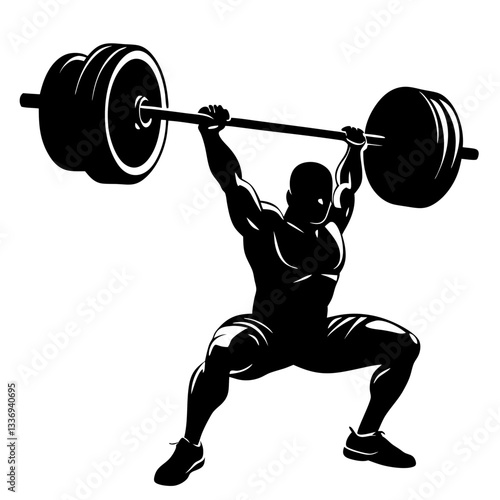 vector silhouette ink drawing of a weightlifter lifting a big barbell.  
