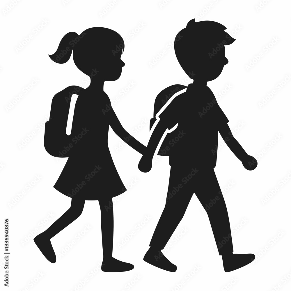 Vector silhouette of a boy and girl walking hand-in-hand with backpacks, Vector silhouette of a boy and girl walking hand-in-hand with backpacks,