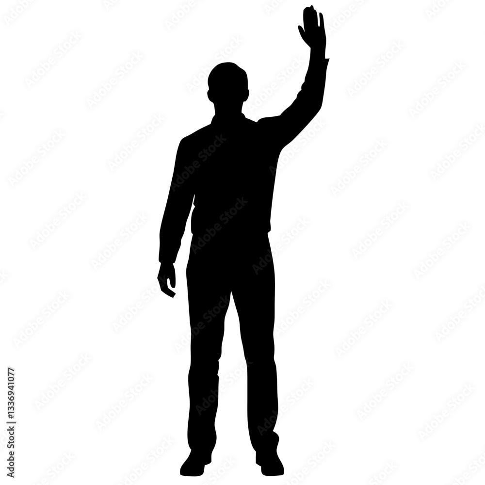 Fototapeta premium vector silhouette of a man standing and waving with his hand 