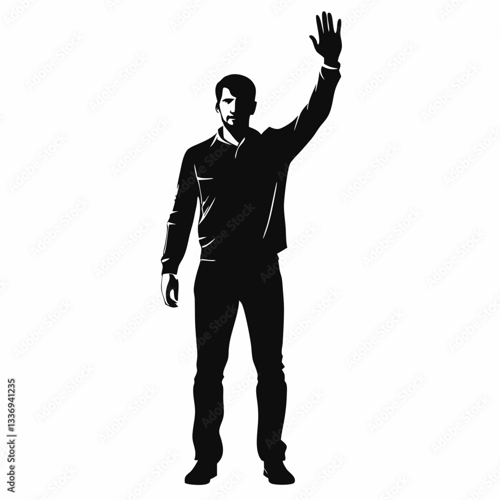 Obraz premium vector silhouette of a man standing and waving with his hand 