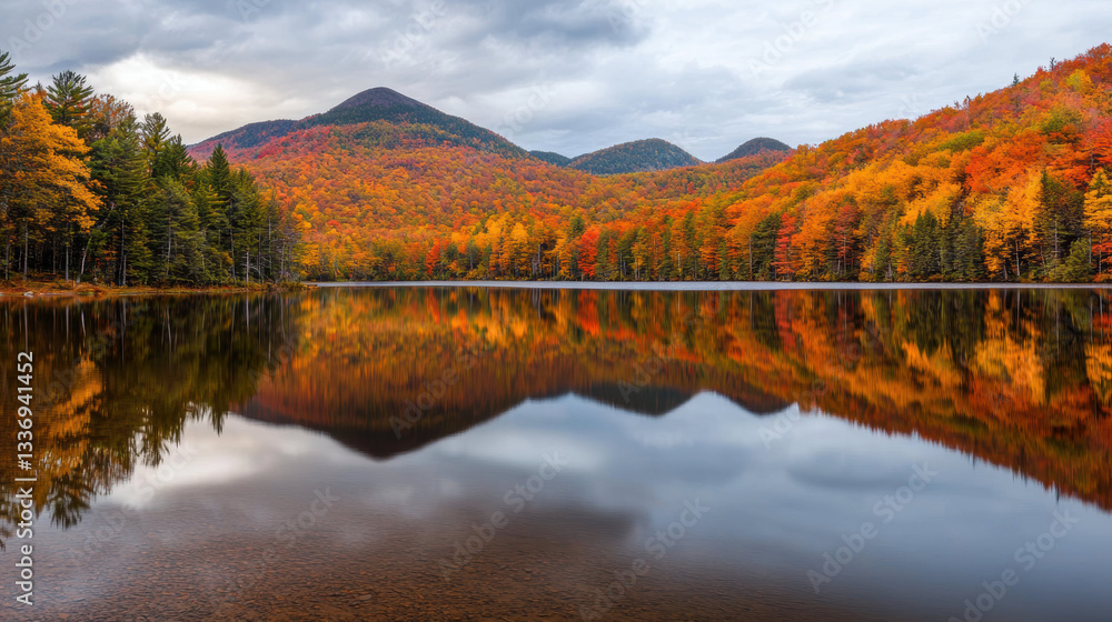 Autumn hues reflected on glassy lake create serene landscape, showcasing vibrant colors and tranquil waters Autumn hues reflected on glassy lake create serene landscape, showcasing vibrant colors and tranquil waters