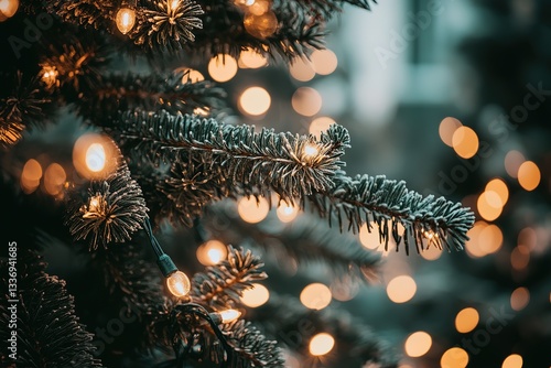 Wallpaper Mural Snowy Christmas Tree Branch with Warm Lights, Festive Winter Holiday Background Torontodigital.ca