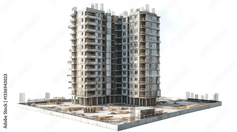 Fototapeta premium Abandoned high-rise building under construction, urban decay, deserted cityscape