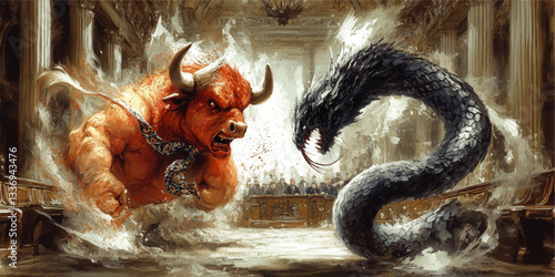 Epic Vector Showdown: Mythical Minotaur and Serpent Clash in Majestic Ancient Coliseum, Showcasing Dramatic Creature Battle in Vibrant Art Illustration