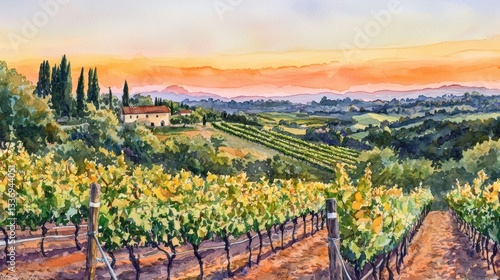 A picturesque vineyard stretches across rolling hills, vibrant grapevines thriving under a colorful sunset. A cozy farmhouse sits peacefully in the background, enhancing the serene atmosphere