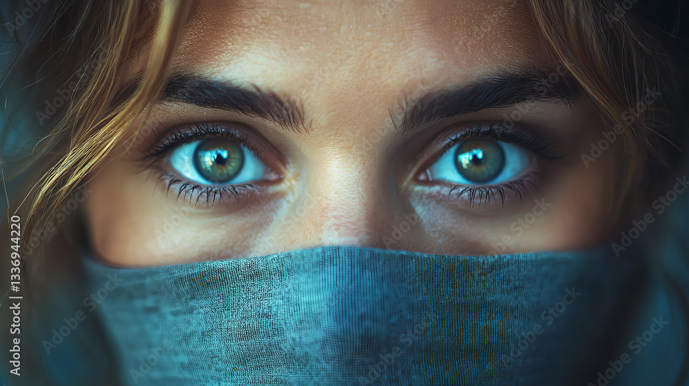 Mysterious Woman with Striking Blue Eyes Wearing Face Cover – Enigmatic Beauty, Captivating Gaze, Deep Stare, Mystery Concept, Fashion Portrait, Expressive Eyes, Hidden Identity