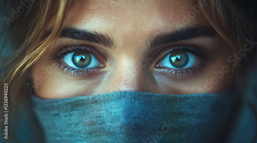 Obraz na płótnie Mysterious Woman with Striking Blue Eyes Wearing Face Cover – Enigmatic Beauty, Captivating Gaze, Deep Stare, Mystery Concept, Fashion Portrait, Expressive Eyes, Hidden Identity w salonie