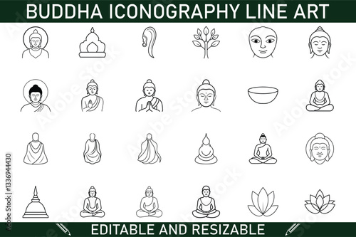 Editable Buddha Iconography Line Art Buddhism Symbols, Images, and Designs