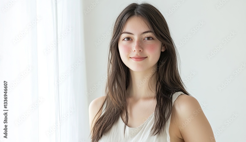 Beautiful young Japanese woman, in her 20s, smiling, with long hair and a beautiful body shape, wearing a beige sleeveless top, against a white background Beautiful young Japanese woman, in her 20s, smiling, with long hair and a beautiful body shape, wearing a beige sleeveless top, against a white background