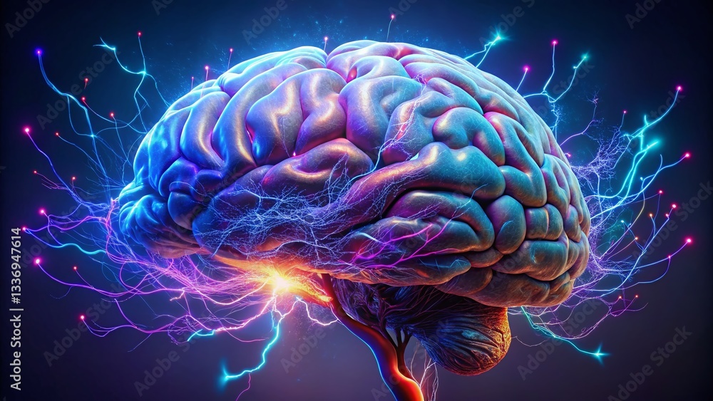 Obraz premium 3D Brain with Electric Currents: Macro Photography of Neural Network