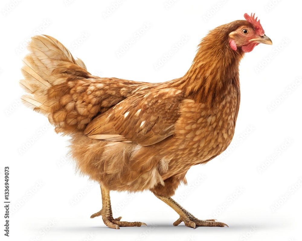Fototapeta premium Fully Feathered Brown Chicken Standing Upright with Detailed Plumage on a White Background