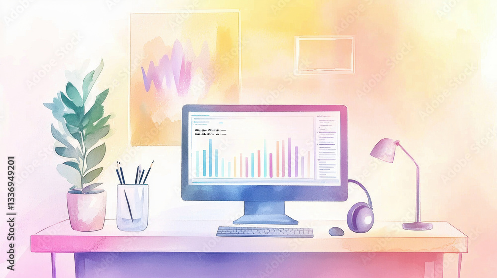 Fototapeta premium A well-organized home office features a computer displaying colorful data visualizations, a leafy plant, and stylish desk accessories, creating an inspiring workspace