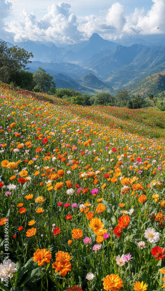 vibrant hillside covered in blooming flowers showcases stunning array of colors against backdrop of majestic mountains and bright sky. scene evokes sense of tranquility and natural beauty vibrant hillside covered in blooming flowers showcases stunning array of colors against backdrop of majestic mountains and bright sky. scene evokes sense of tranquility and natural beauty