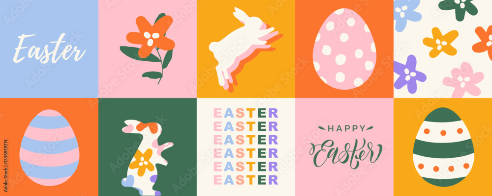Happy Easter cover or web banner, horizontal poster, sale promotions, design template with seamless border made of spring flowers, Easter eggs and Easter bunny. Vector illustrations. Happy Easter cover or web banner, horizontal poster, sale promotions, design template with seamless border made of spring flowers, Easter eggs and Easter bunny. Vector illustrations.