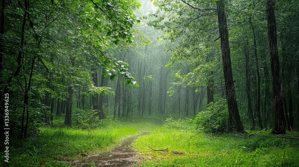 Obraz premium Enchanted Forest Rain: A Serene Path Through Lush Green Woods
