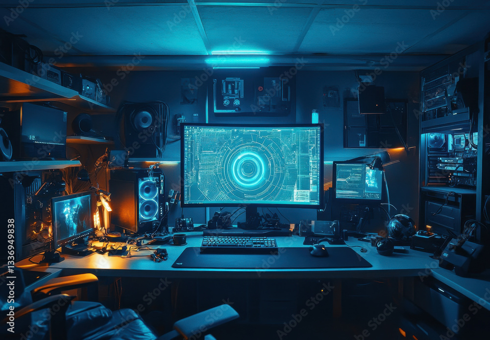 Naklejka premium This workspace features an advanced computer setup with multiple screens, blue ambient lighting, and complex technology for optimized productivity