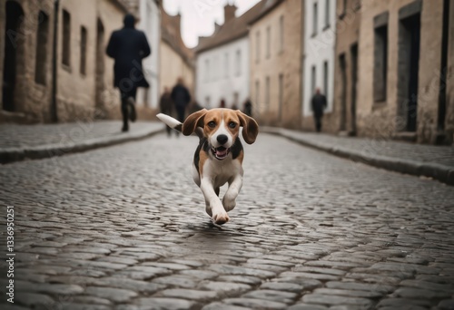 Fototapeta Naklejka Na Ścianę i Meble -  beagle dog running happy in the street of the city, doggy on the road, adorable fluffy friend in the streets