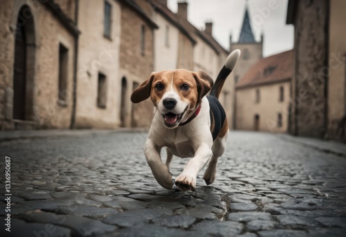 Fototapeta Naklejka Na Ścianę i Meble -  beagle dog running happy in the street of the city, doggy on the road, adorable fluffy friend in the streets