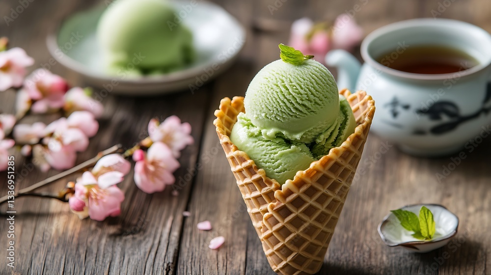 Green tea ice cream in a waffle cone Green tea ice cream in a waffle cone