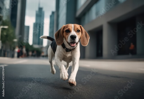 Fototapeta Naklejka Na Ścianę i Meble -  beagle dog running happy in the street of the city, doggy on the road, adorable fluffy friend in the streets