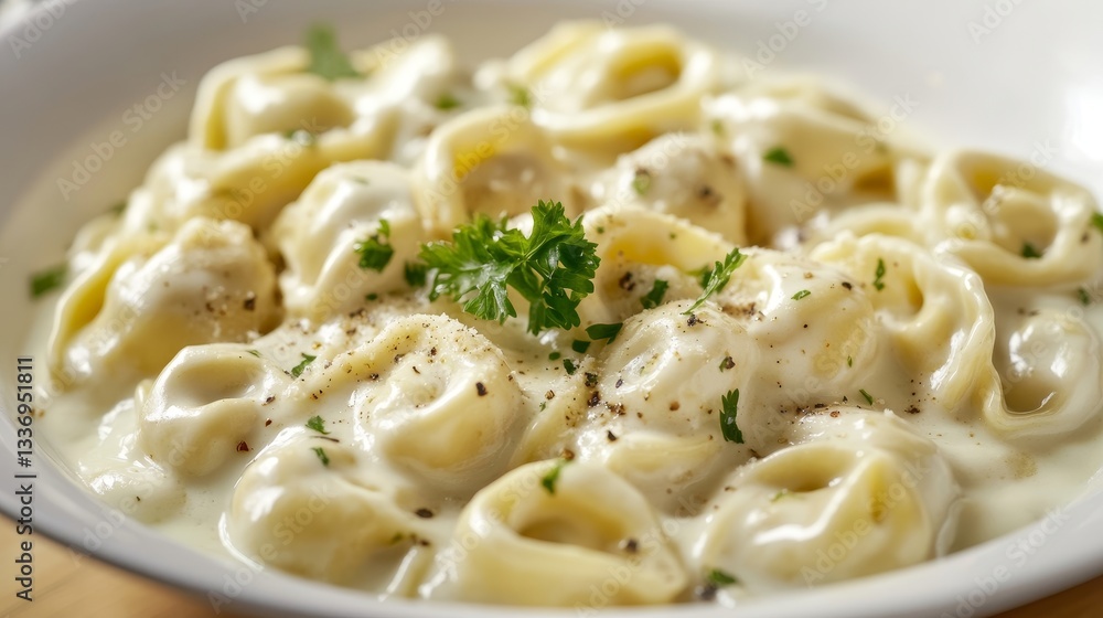 Close up view of creamy tortellini in a white bowl highlighting rich texture and flavor Close up view of creamy tortellini in a white bowl highlighting rich texture and flavor