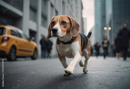 Fototapeta Naklejka Na Ścianę i Meble -  beagle dog running happy in the street of the city, doggy on the road, adorable fluffy friend in the streets