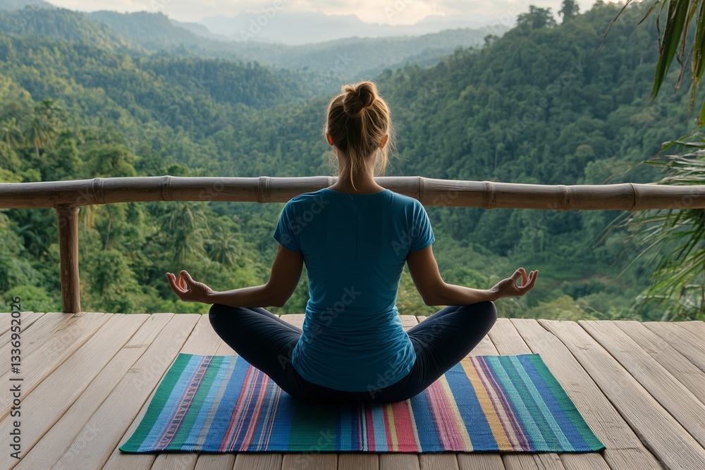 Woman meditating in lotus position on a terrace overlooking a lush green jungle. Concept of mindfulness, relaxation, yoga, inner peace, and nature retreat Woman meditating in lotus position on a terrace overlooking a lush green jungle. Concept of mindfulness, relaxation, yoga, inner peace, and nature retreat