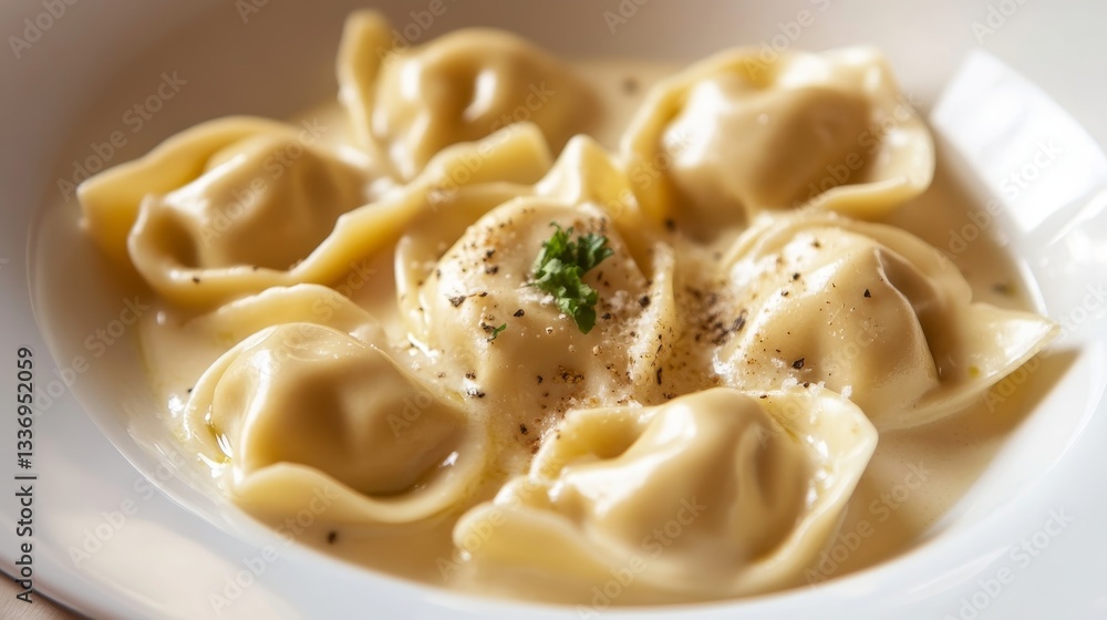 Close up of creamy tortellini in a white bowl, highlighting its rich texture and flavorful appeal Close up of creamy tortellini in a white bowl, highlighting its rich texture and flavorful appeal
