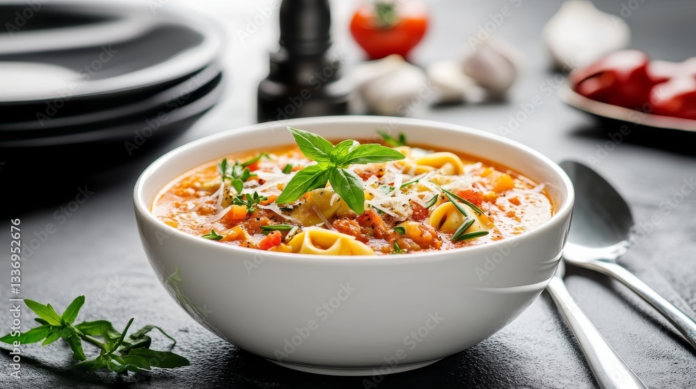 Elegant presentation of creamy tortellini in a white bowl with garnishes for a culinary masterpiece Elegant presentation of creamy tortellini in a white bowl with garnishes for a culinary masterpiece