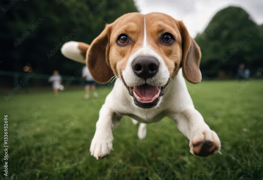beagle dog running happy in urban park on the city, doggy playing on the grass beagle dog running happy in urban park on the city, doggy playing on the grass
