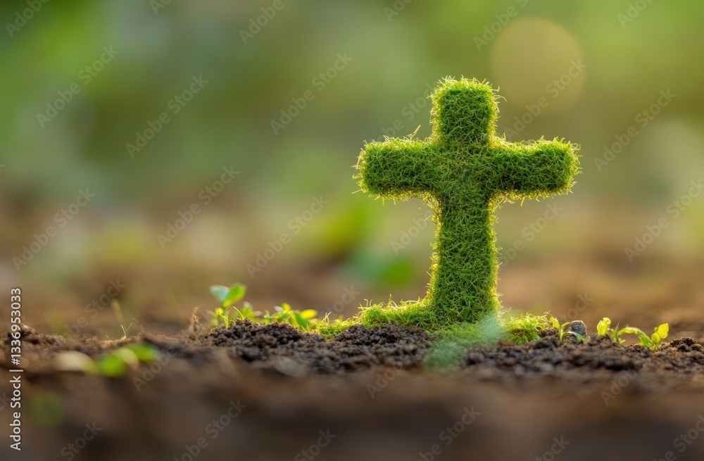 Moss Cross Symbol Standing in Soil Representing Christian Faith and Nature Moss Cross Symbol Standing in Soil Representing Christian Faith and Nature