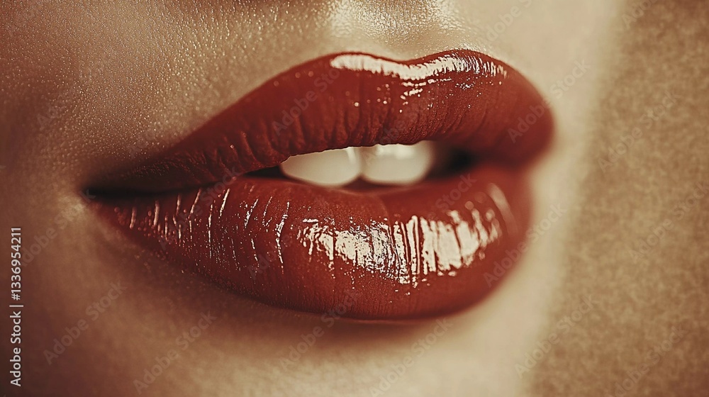 Obraz premium Perfectly shaped lips with bold red lipstick, emphasizing glamour, fashion, and makeup artistry, suitable for advertising and editorials, illustrated book style