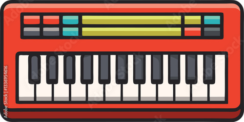Vector illustration of a colorful electronic keyboard, A playful vector design of an electronic keyboard with vibrant red accents, colorful controls, and black and white keys, perfect for musical proj