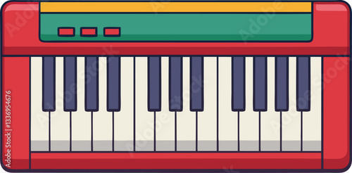 Vector illustration of a colorful electric keyboard, A vibrant vector design of an electric keyboard with red accents, green controls, and black and white keys, perfect for musical themes.
