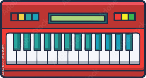 Vector illustration of a colorful electric keyboard, A modern vector design of a colorful electric keyboard with red accents, teal keys, and bright control buttons, ideal for music-related themes.
