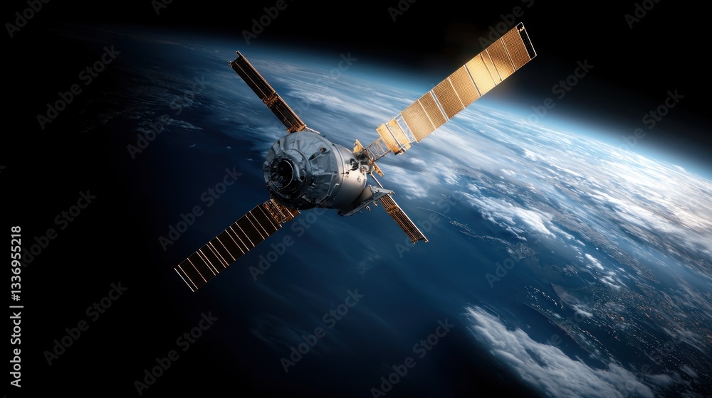 Fototapeta premium Space station orbiting Earth at dawn, futuristic design