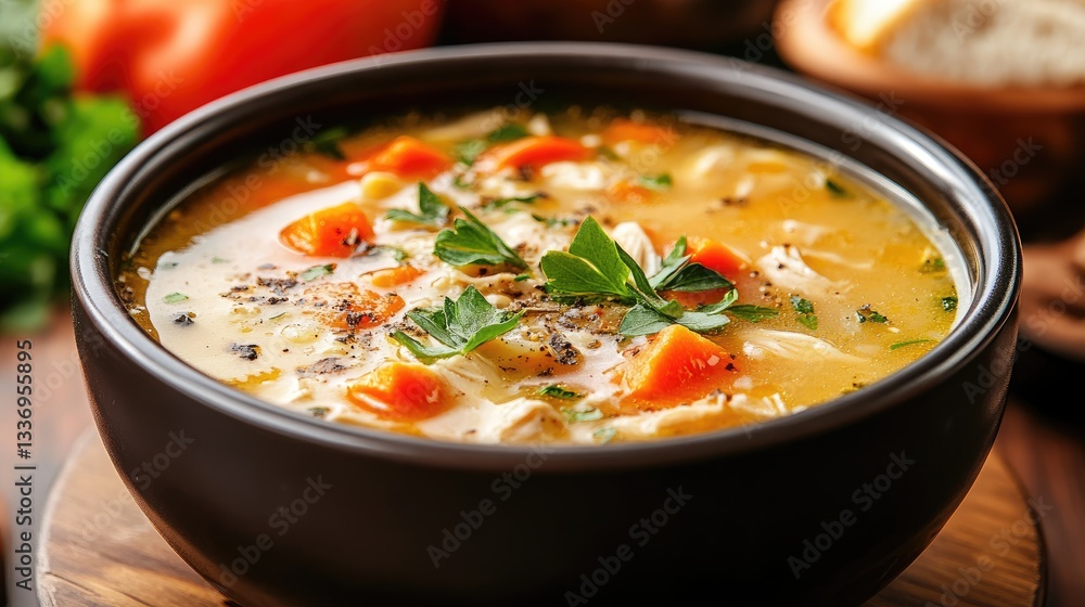 A bowl of warm homemade chicken soup with fresh herbs A bowl of warm homemade chicken soup with fresh herbs