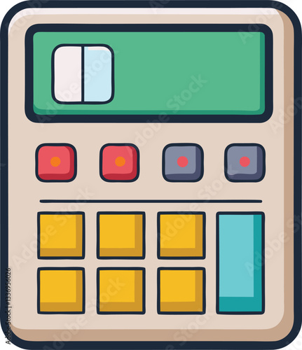 Vector illustration of a retro calculator, A retro-style vector design of a calculator with colorful buttons, evoking a vintage tech feel for math or office use.
