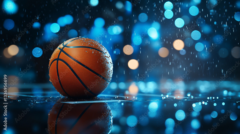A basketball in the rain, background with blue lights, cinematic, hyper-realistic, bokeh effect, water drops on the ball. A basketball in the rain, background with blue lights, cinematic, hyper-realistic, bokeh effect, water drops on the ball.