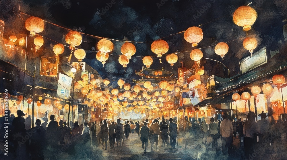 Fototapeta premium A lively street is adorned with glowing lanterns hanging above, illuminating the evening atmosphere as people gather for a festive celebration of culture and community