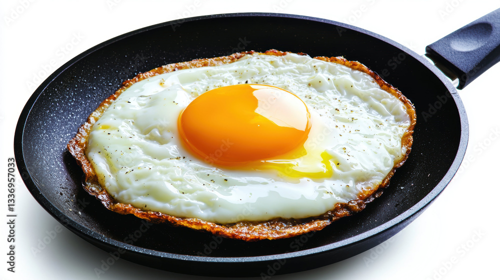 Delicious fried egg with runny yolk in black frying pan, perfect for breakfast or brunch Delicious fried egg with runny yolk in black frying pan, perfect for breakfast or brunch