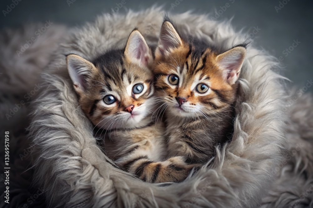 Fototapeta premium Adorable Kittens Cuddling: Gray Background Aerial View Stock Photo